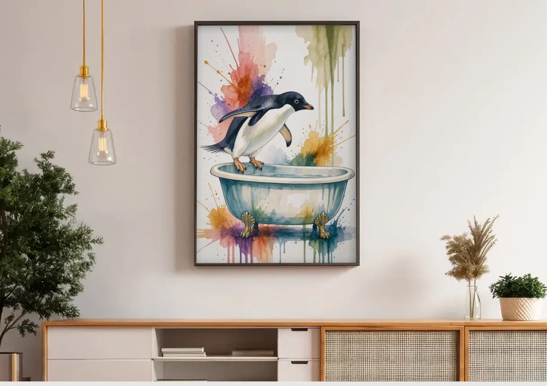Clawfoot Tub Wall Art Penguin Ready to Dive canvas wall art above a wooden sideboard under pendant lights