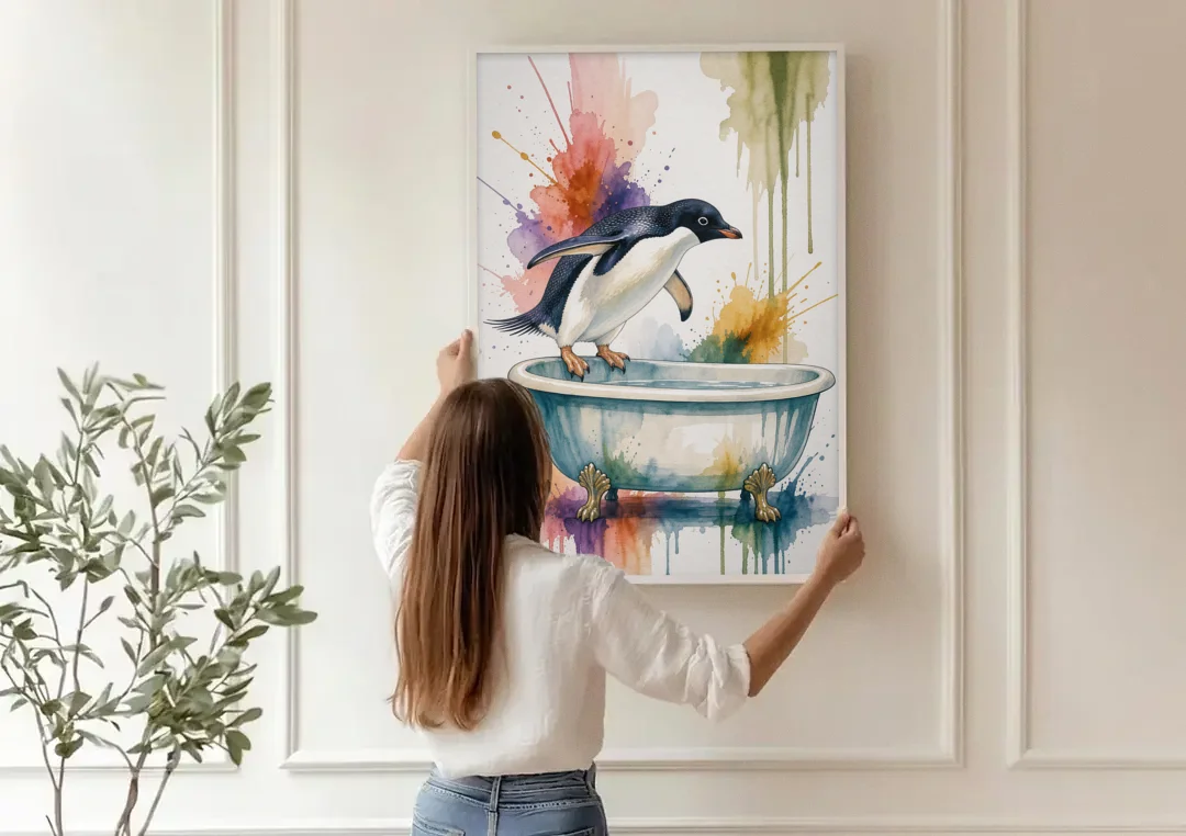 Clawfoot Tub Wall Art Penguin Ready to Dive canvas wall art being hung on a paneled wall