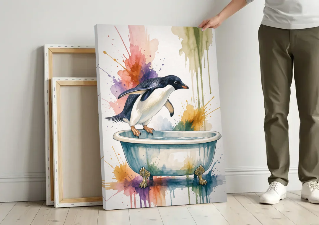 Clawfoot Tub Wall Art Penguin Ready to Dive canvas wall art leaning against a wall next to blank canvases