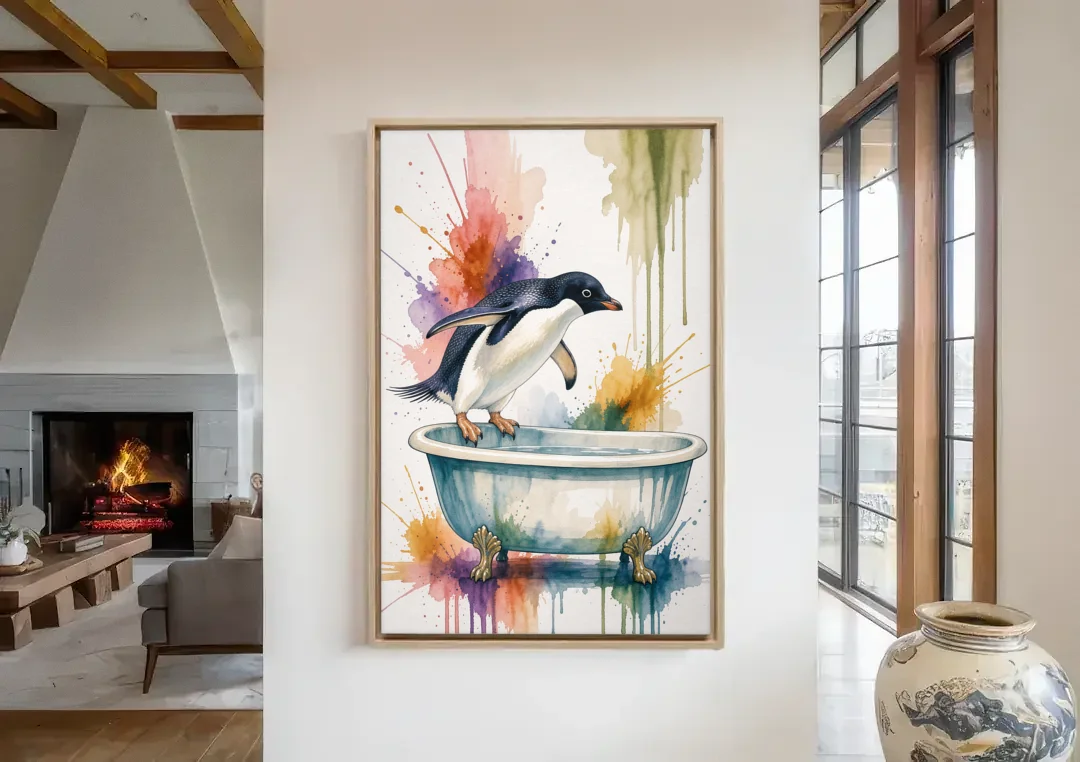Clawfoot Tub Wall Art Penguin Ready to Dive canvas wall art in a living room with a fireplace