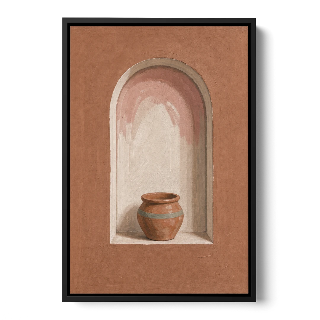 Clay Pot in a Terracotta Arched Niche - Black Framed Canvas Wall Art - Front