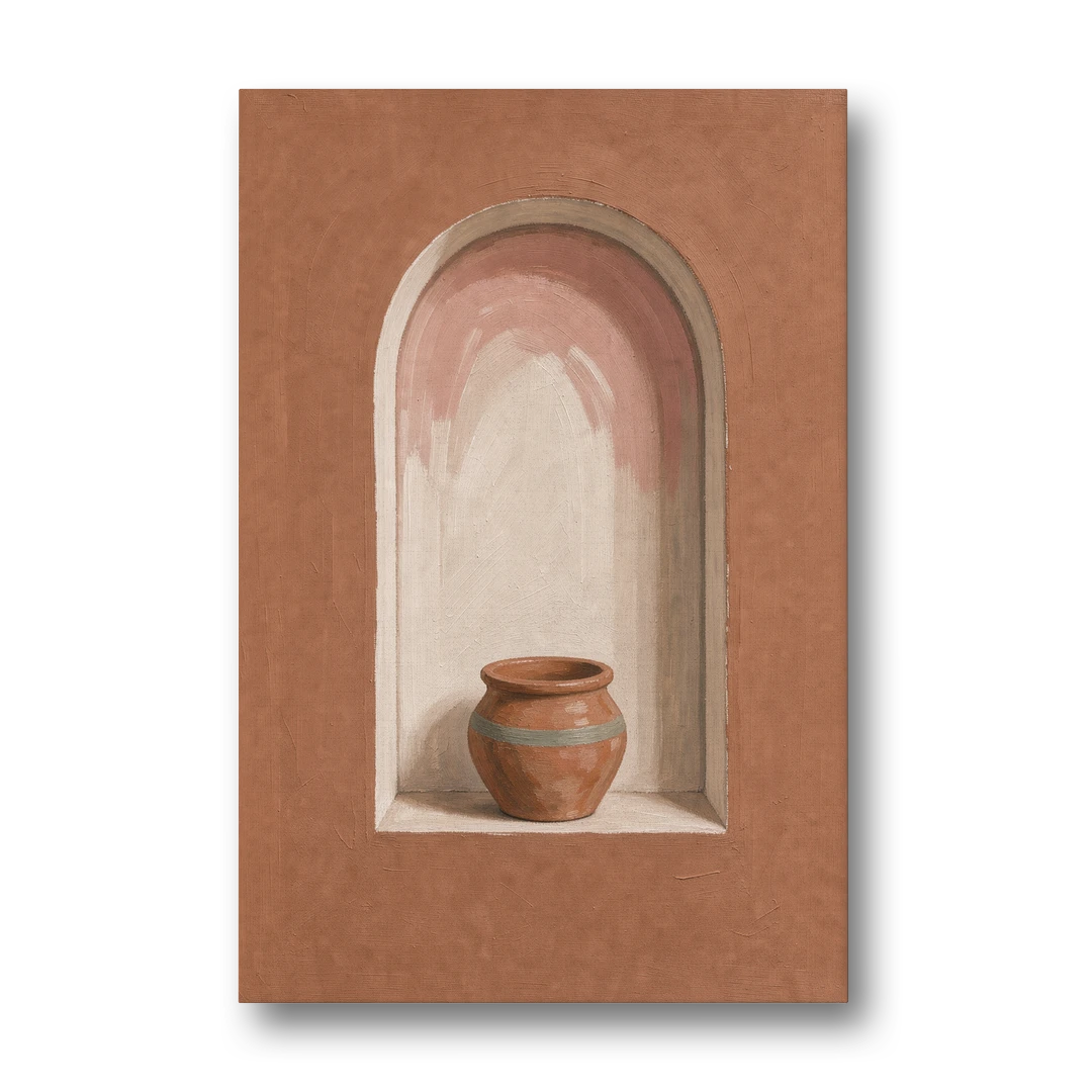 Clay Pot in a Terracotta Arched Niche - Canvas Wall Art - Front
