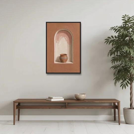 Clay Pot in a Terracotta Arched Niche - Black Framed Canvas Wall Art - Coffee Table - 24x36