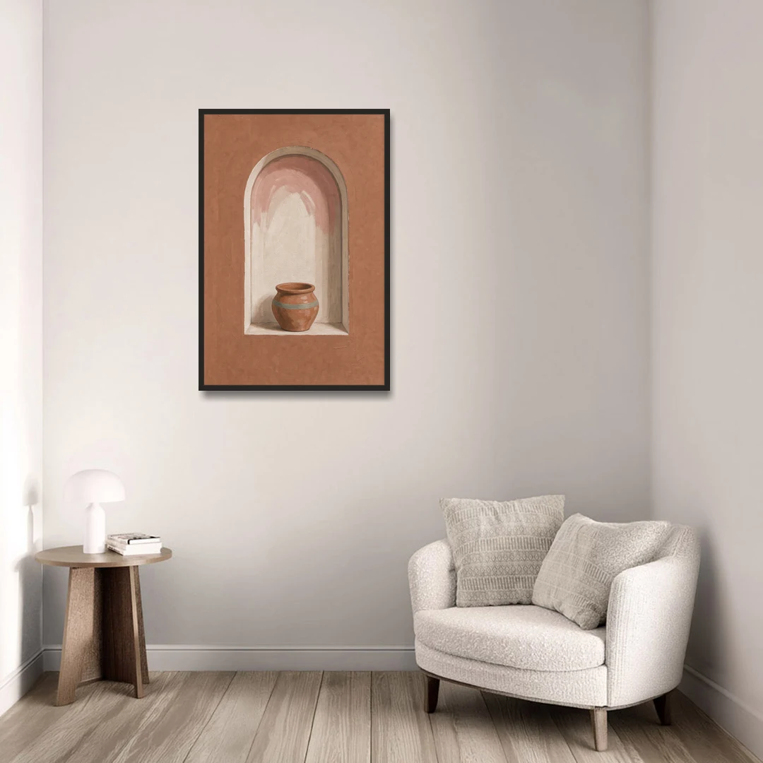 Clay Pot in a Terracotta Arched Niche - Black Framed Canvas Wall Art - Sofa - 24x36