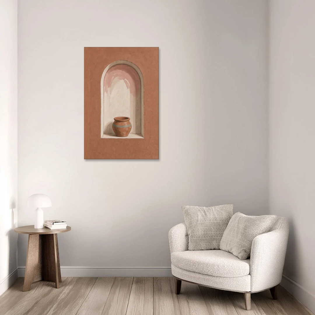 Clay Pot in a Terracotta Arched Niche - Canvas Wall Art - Sofa - 24x36