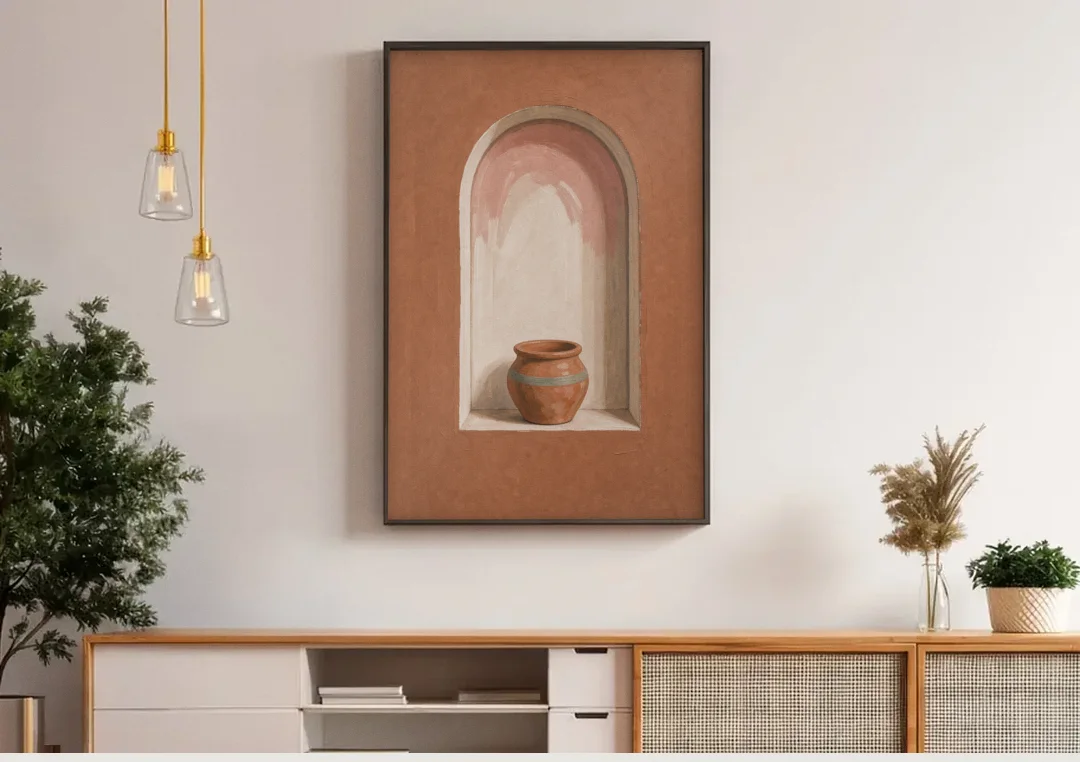 Clay Pot in a Terracotta Arched Niche canvas wall art above a wooden sideboard under pendant lights