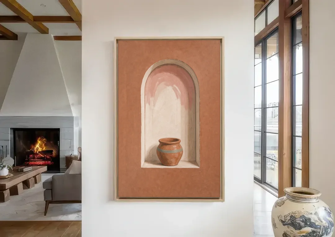 Clay Pot in a Terracotta Arched Niche canvas wall art in a living room with a fireplace