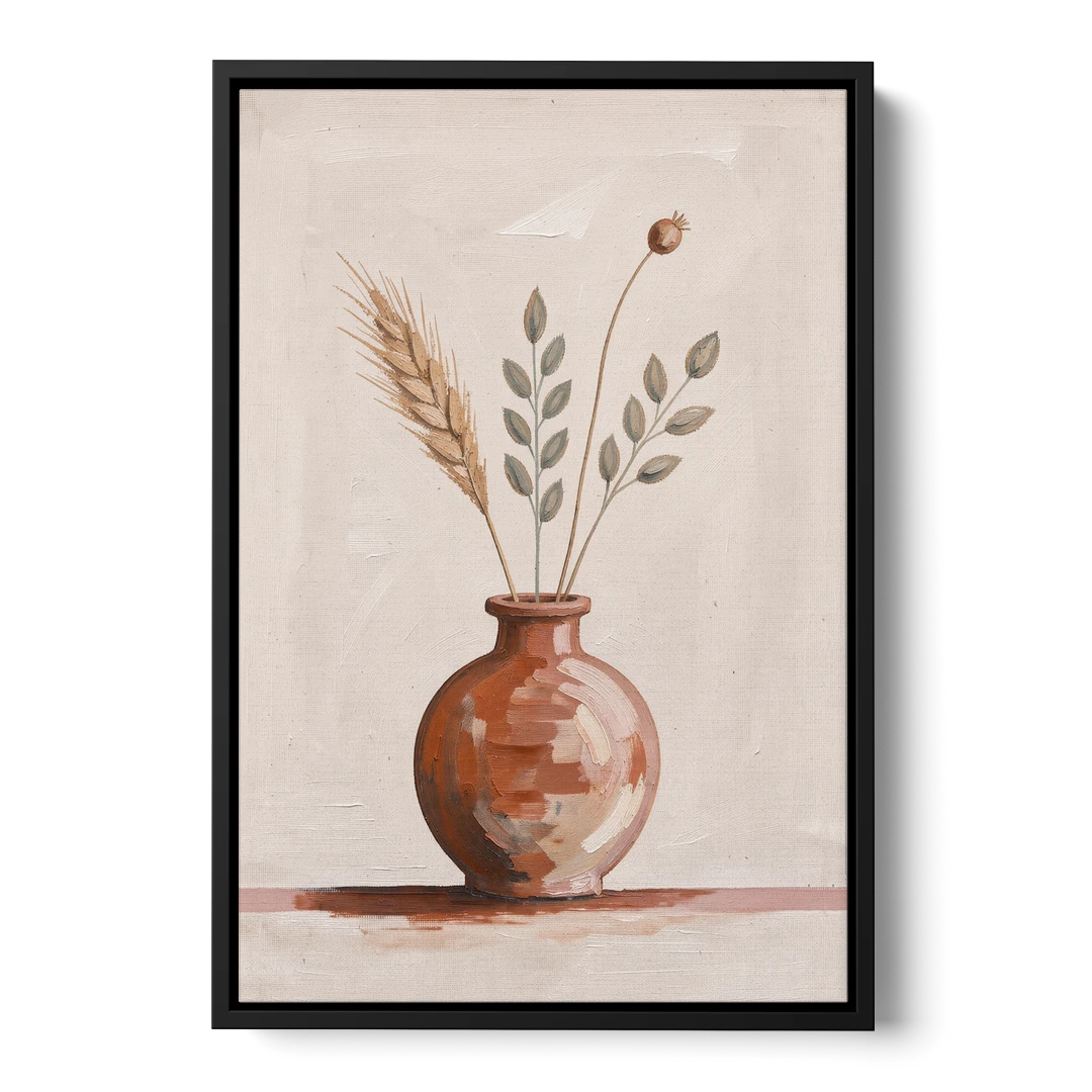 Clay Vase Painting with Three Dried Stems - Black Framed Canvas Wall Art - Front