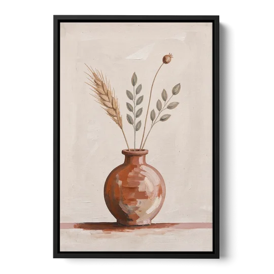 Clay Vase Painting with Three Dried Stems - Black Framed Canvas Wall Art - Front