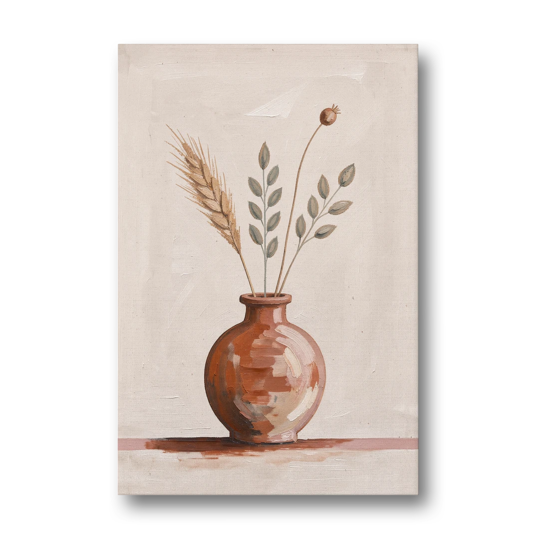 Clay Vase Painting with Three Dried Stems - Canvas Wall Art - Front