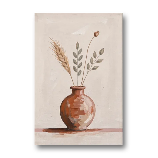Clay Vase Painting with Three Dried Stems - Canvas Wall Art - Front