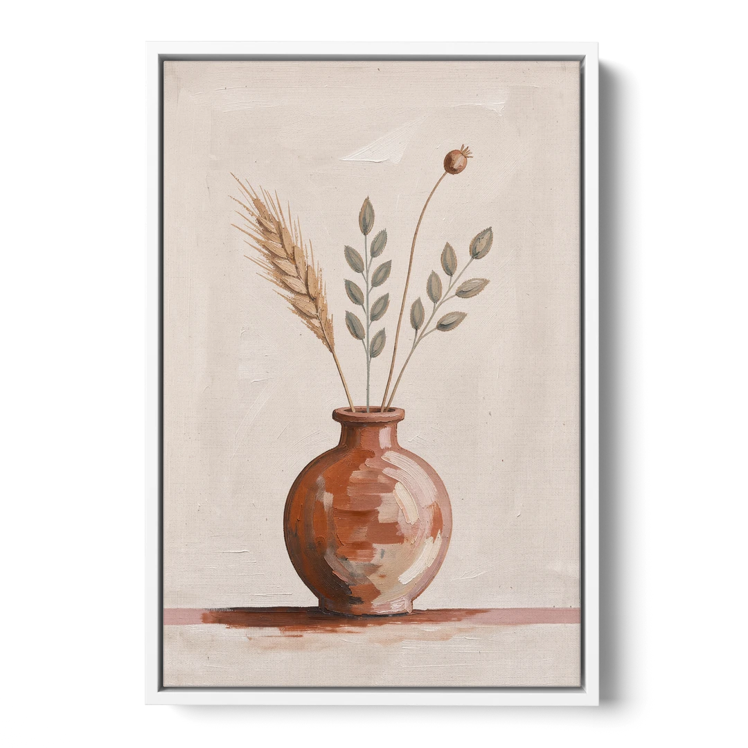 Clay Vase Painting with Three Dried Stems - White Framed Canvas Wall Art - Front