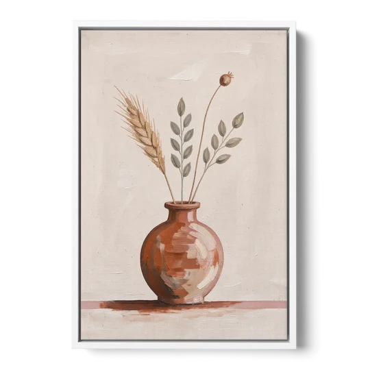 Clay Vase Painting with Three Dried Stems - White Framed Canvas Wall Art - Front