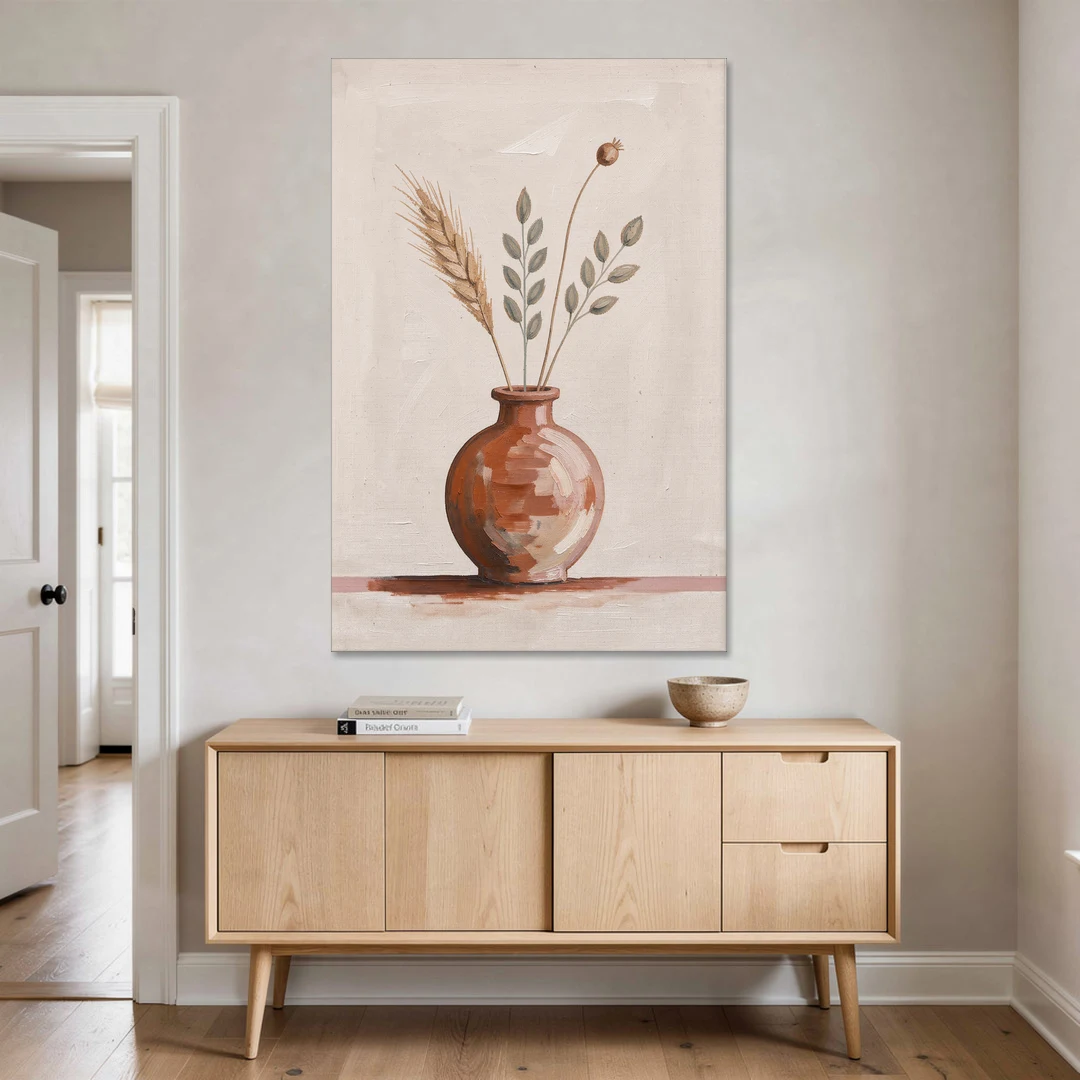 Clay Vase Painting with Three Dried Stems - Canvas Wall Art - Coffee Table - 40x60