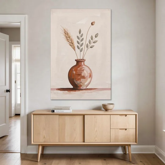 Clay Vase Painting with Three Dried Stems - Canvas Wall Art - Coffee Table - 40x60