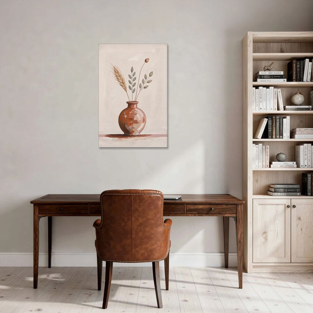 Clay Vase Painting with Three Dried Stems - Canvas Wall Art - Office - 24x36