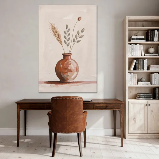 Clay Vase Painting with Three Dried Stems - Canvas Wall Art - Office - 40x60