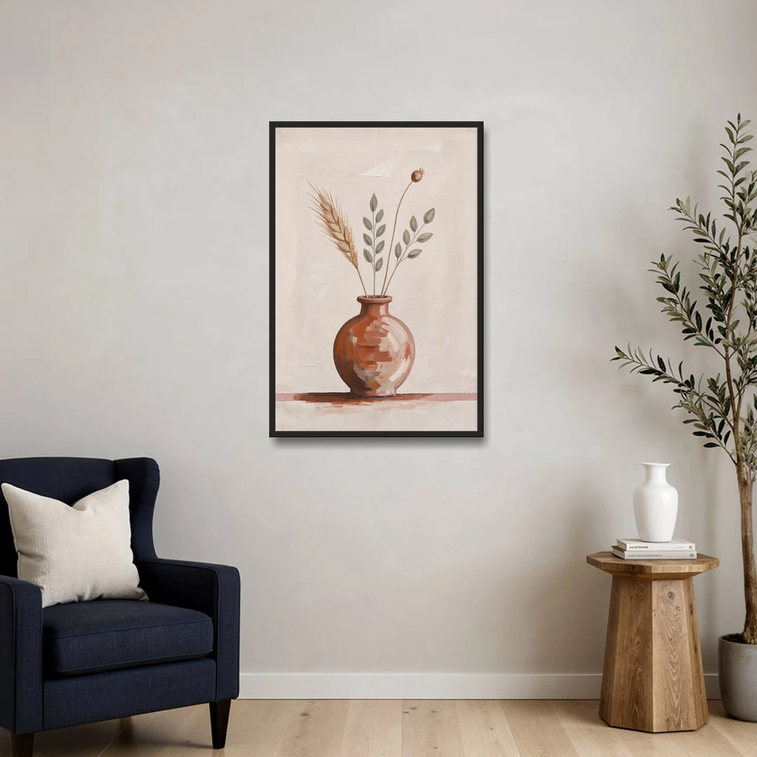 Clay Vase Painting with Three Dried Stems - Black Framed Canvas Wall Art - Sofa - 24x36