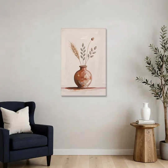 Clay Vase Painting with Three Dried Stems - Canvas Wall Art - Sofa - 24x36