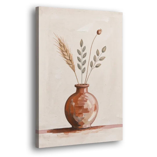 Clay Vase Painting with Three Dried Stems - Canvas Wall Art - Side