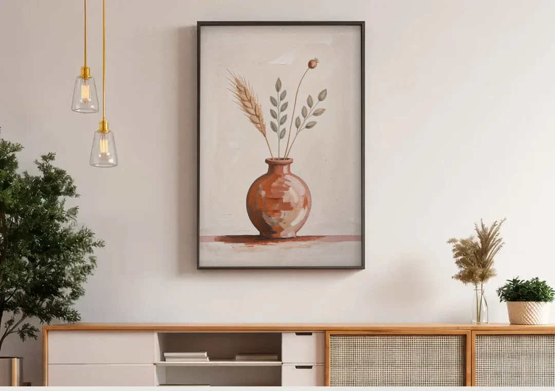 Clay Vase Painting with Three Dried Stems canvas wall art above a wooden sideboard under pendant lights