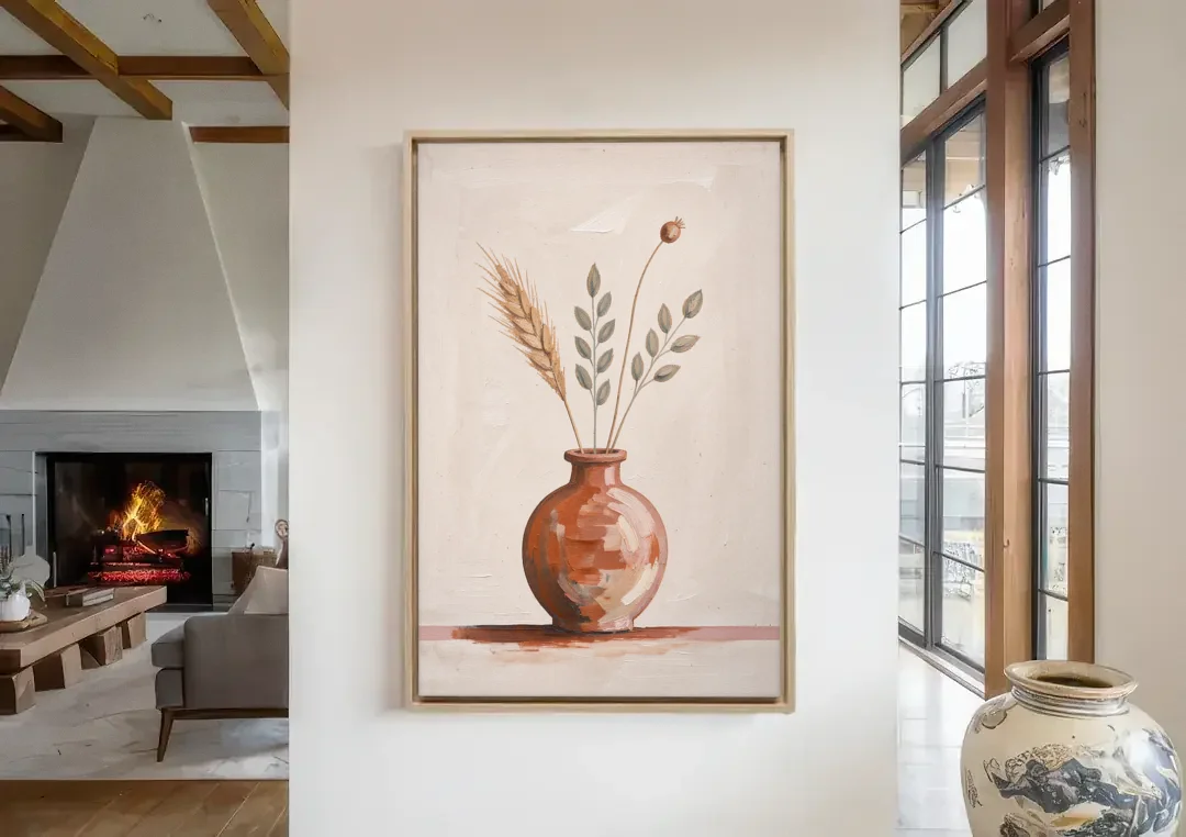 Clay Vase Painting with Three Dried Stems canvas wall art in a living room with a fireplace