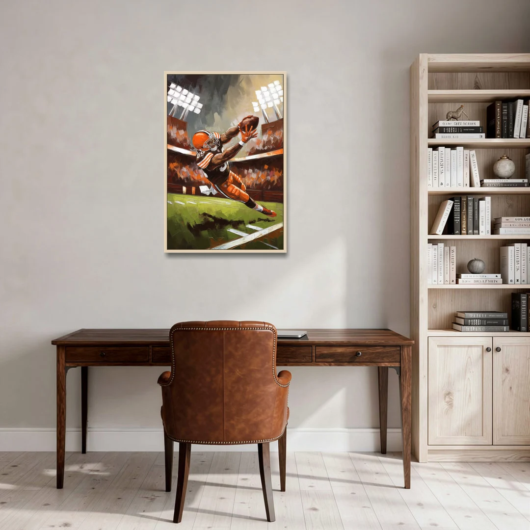 Cleveland Browns Fans in Action - Oak Framed Canvas Wall Art - Office - 24x36