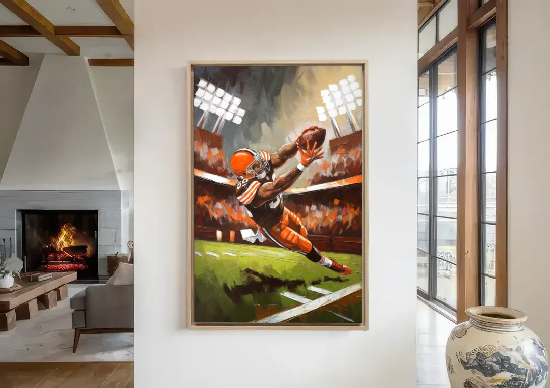 Cleveland Browns Fans in Action canvas wall art in a living room with a fireplace