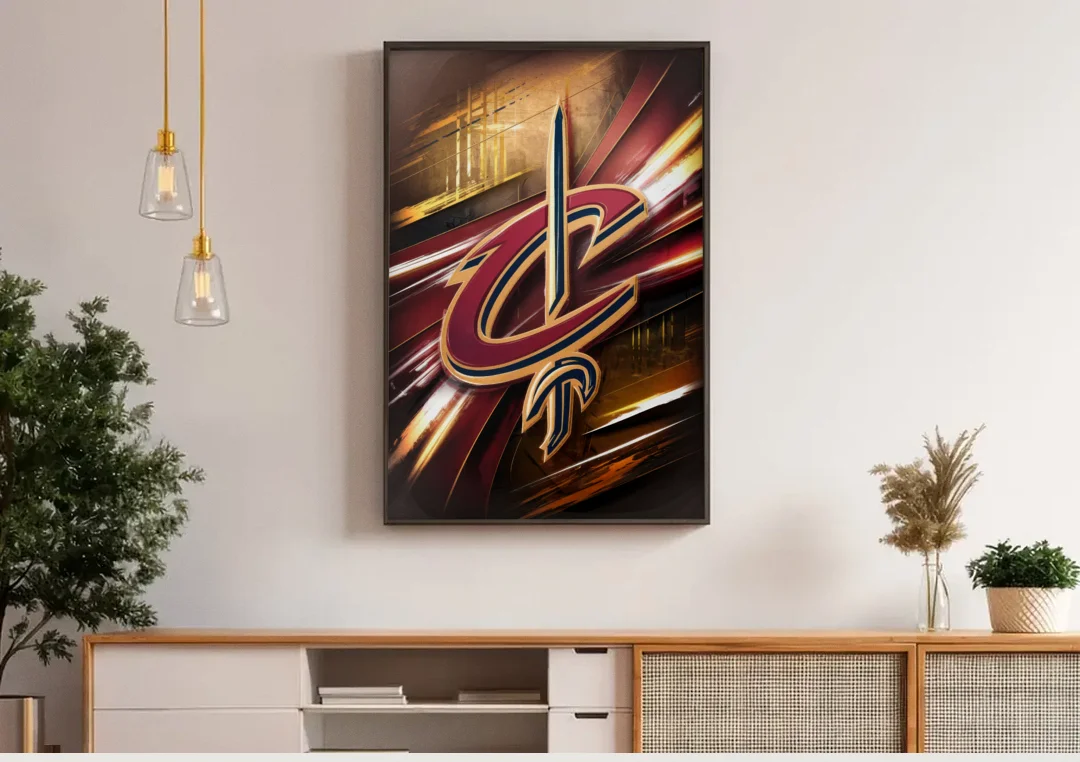 Cleveland Cavaliers Logo canvas wall art above a wooden sideboard under pendant lights