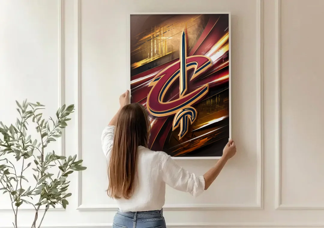 Cleveland Cavaliers Logo canvas wall art being hung on a paneled wall