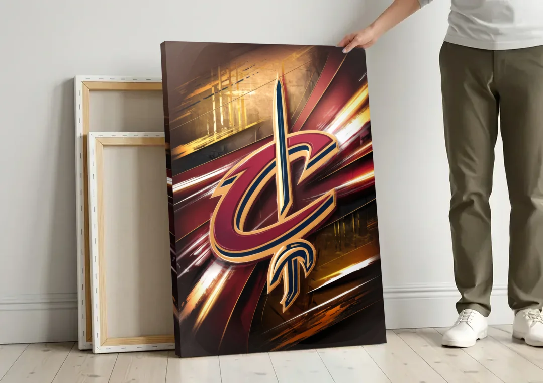 Cleveland Cavaliers Logo canvas wall art leaning against a wall next to blank canvases