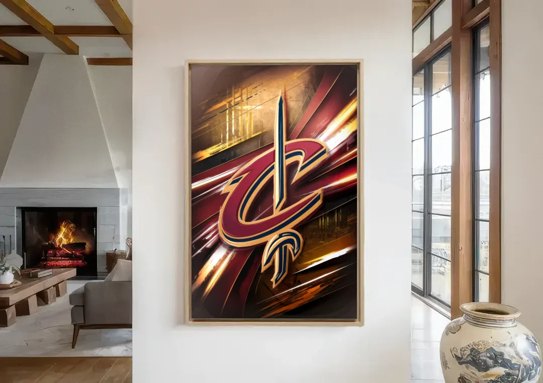 Cleveland Cavaliers Logo canvas wall art in a living room with a fireplace