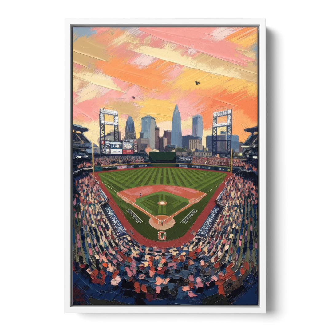 Cleveland Guardians Baseball Field - White Framed Canvas Wall Art - Front