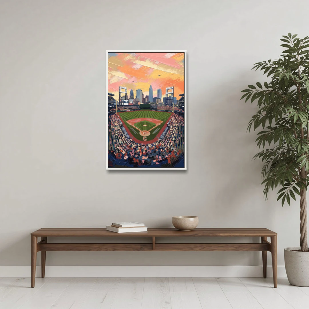 Cleveland Guardians Baseball Field - White Framed Canvas Wall Art - Coffee Table - 24x36