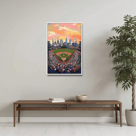 Cleveland Guardians Baseball Field - White Framed Canvas Wall Art - Coffee Table - 24x36