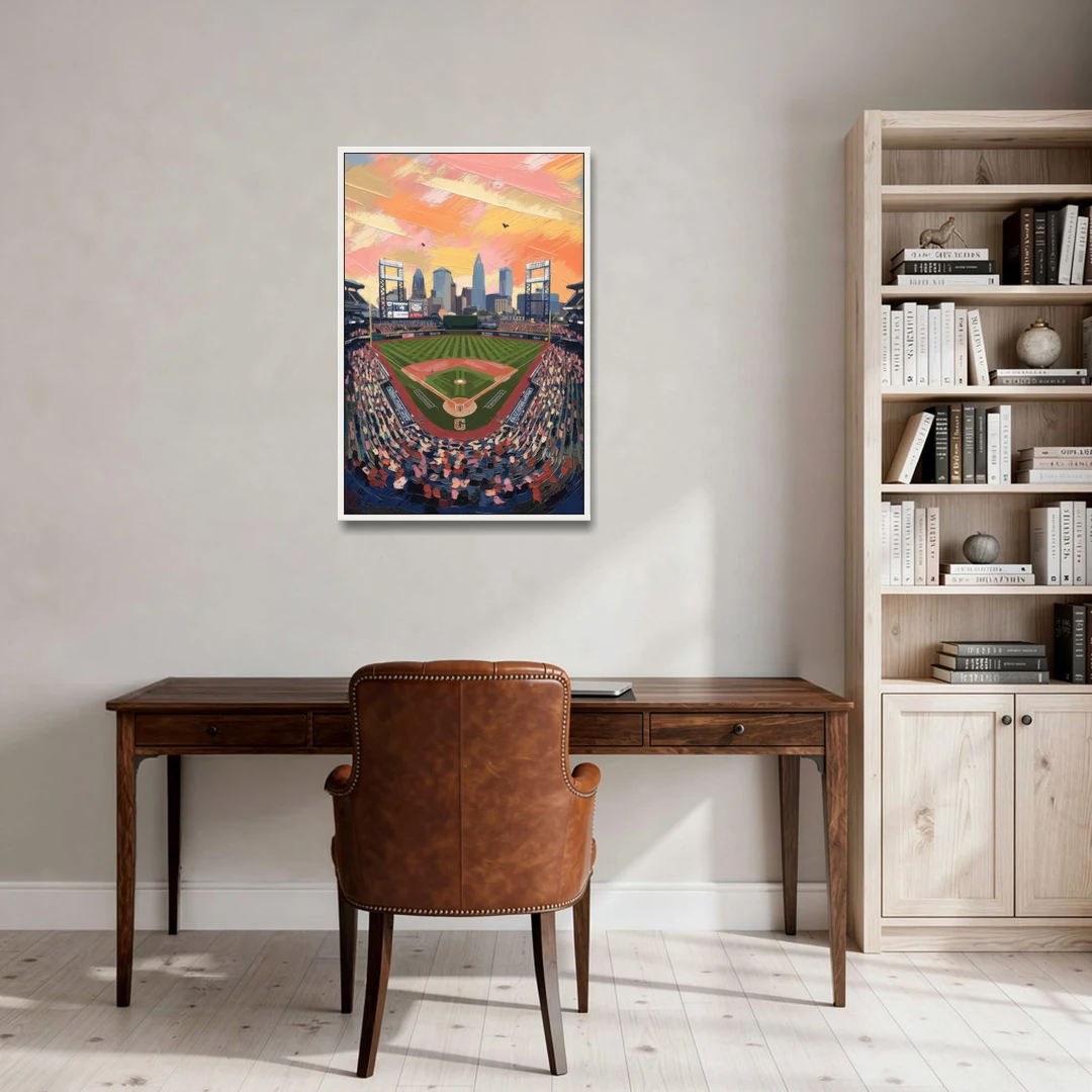 Cleveland Guardians Baseball Field - White Framed Canvas Wall Art - Office - 24x36