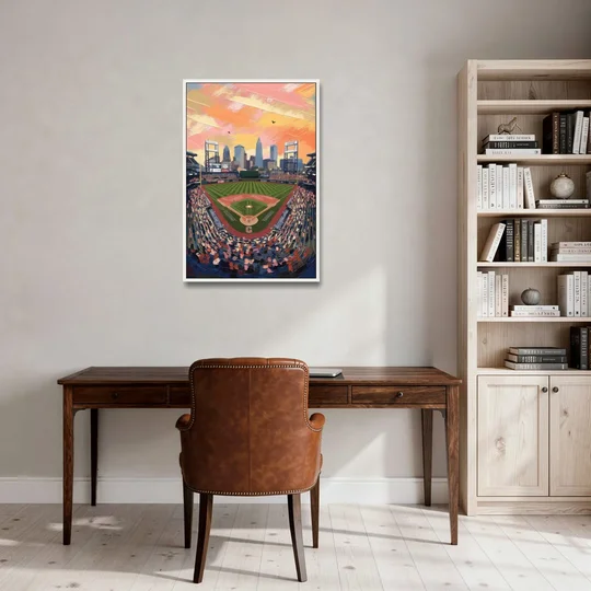 Cleveland Guardians Baseball Field - White Framed Canvas Wall Art - Office - 24x36
