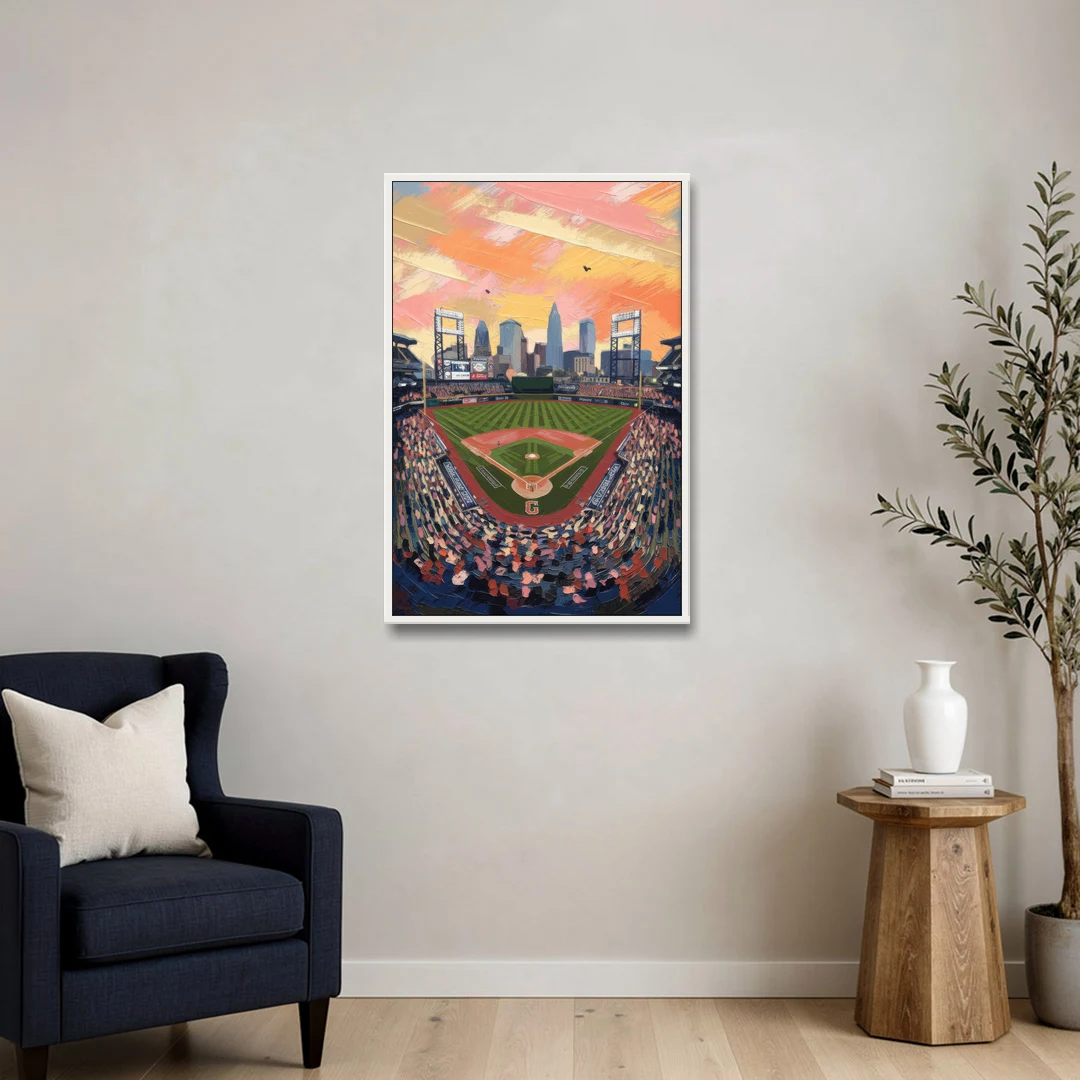 Cleveland Guardians Baseball Field - White Framed Canvas Wall Art - Sofa - 24x36