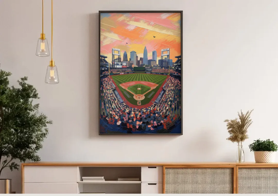 Cleveland Guardians Baseball Field canvas wall art above a wooden sideboard under pendant lights