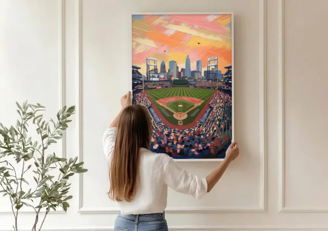 Cleveland Guardians Baseball Field canvas wall art being hung on a paneled wall
