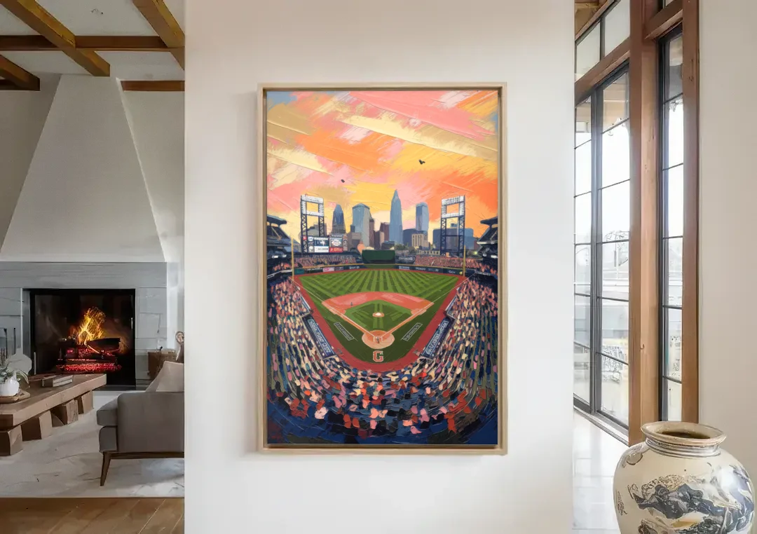 Cleveland Guardians Baseball Field canvas wall art in a living room with a fireplace