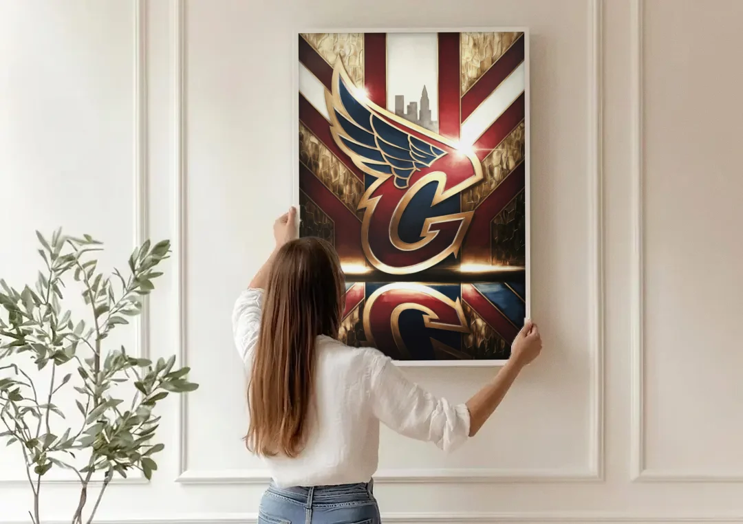 Cleveland Guardians Tribute canvas wall art being hung on a paneled wall