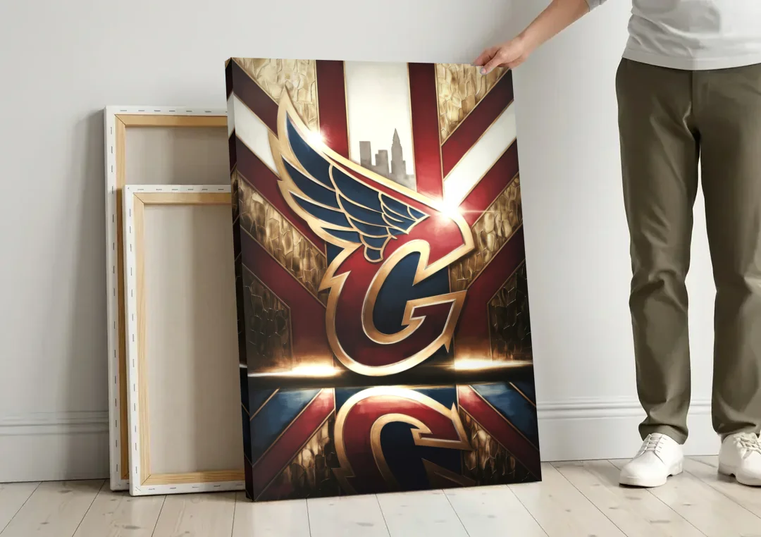 Cleveland Guardians Tribute canvas wall art leaning against a wall next to blank canvases
