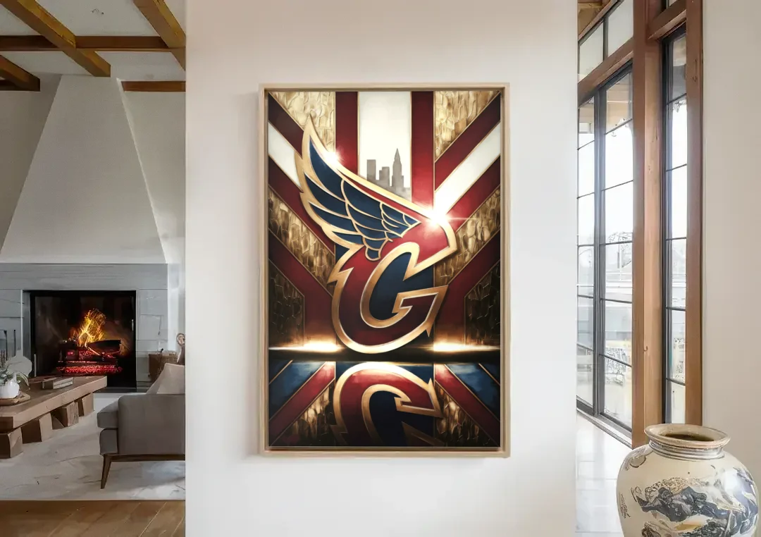 Cleveland Guardians Tribute canvas wall art in a living room with a fireplace