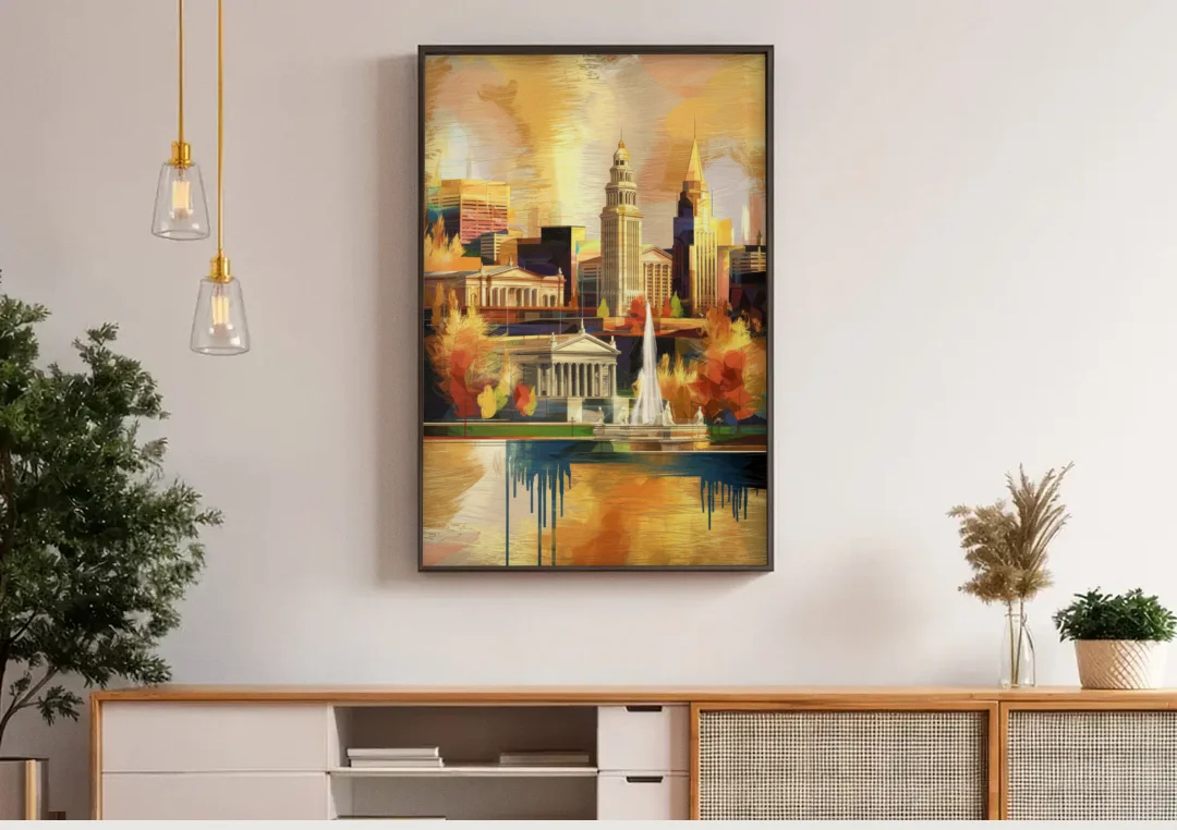 Cleveland Historic Landmarks canvas wall art above a wooden sideboard under pendant lights