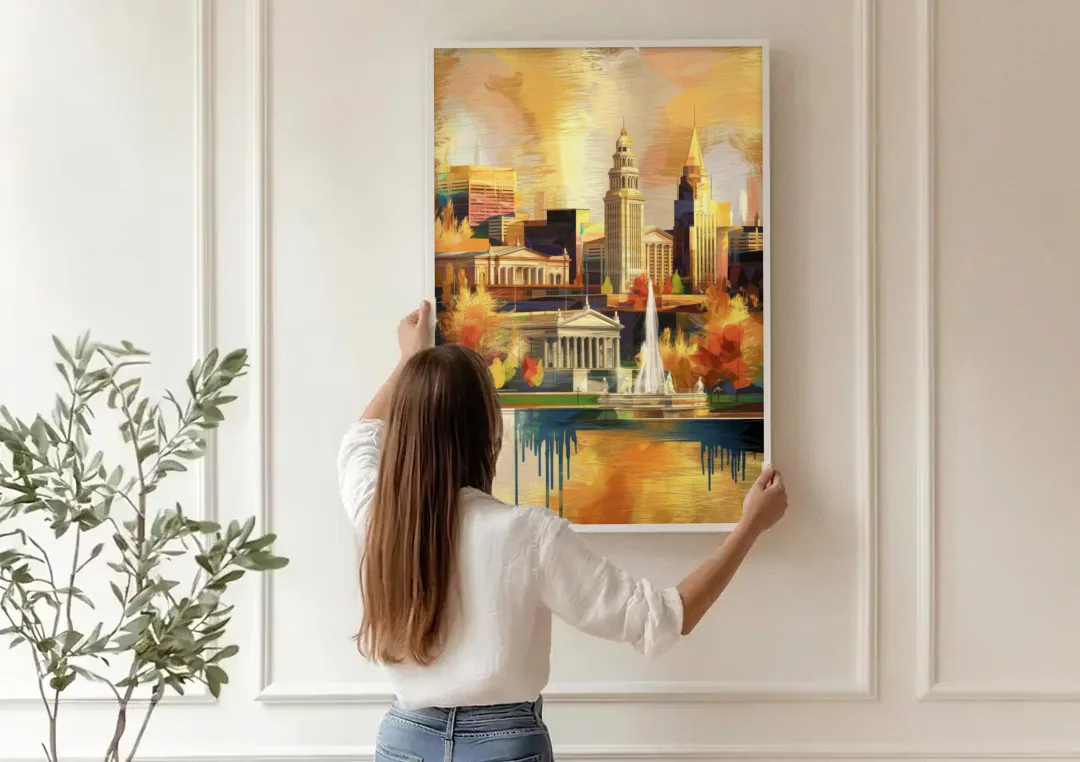 Cleveland Historic Landmarks canvas wall art being hung on a paneled wall