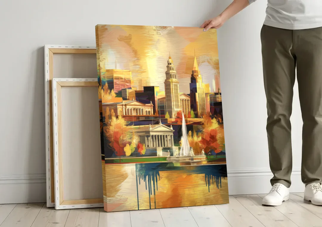 Cleveland Historic Landmarks canvas wall art leaning against a wall next to blank canvases