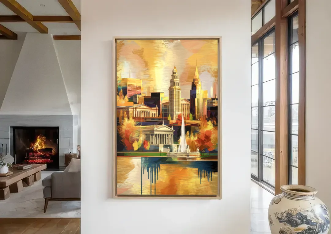 Cleveland Historic Landmarks canvas wall art in a living room with a fireplace
