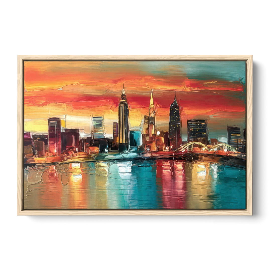 Cleveland Historic Landmarks Watercolor - Oak Framed Canvas Wall Art - Front