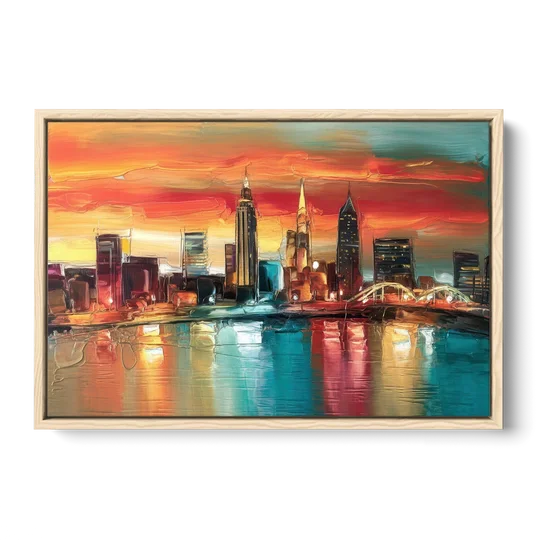 Cleveland Historic Landmarks Watercolor - Oak Framed Canvas Wall Art - Front